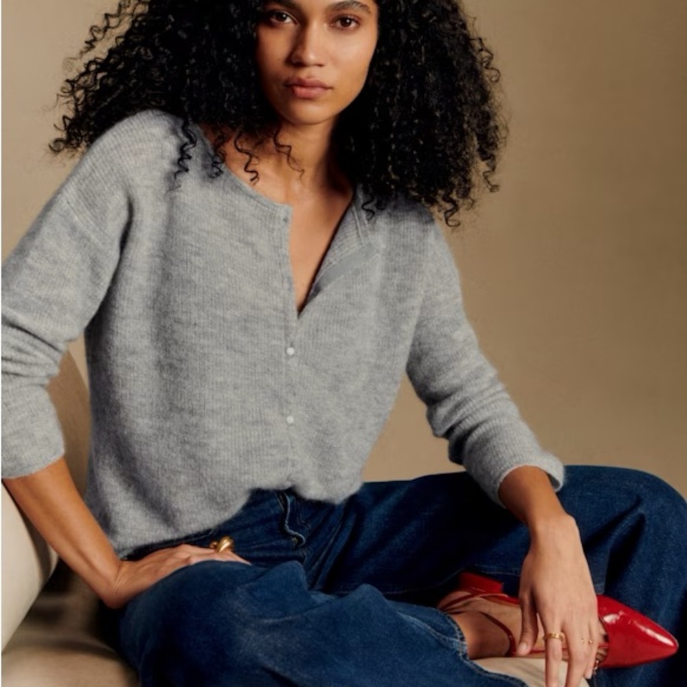 Sezane Soft Gray V-Neck Button Sweater